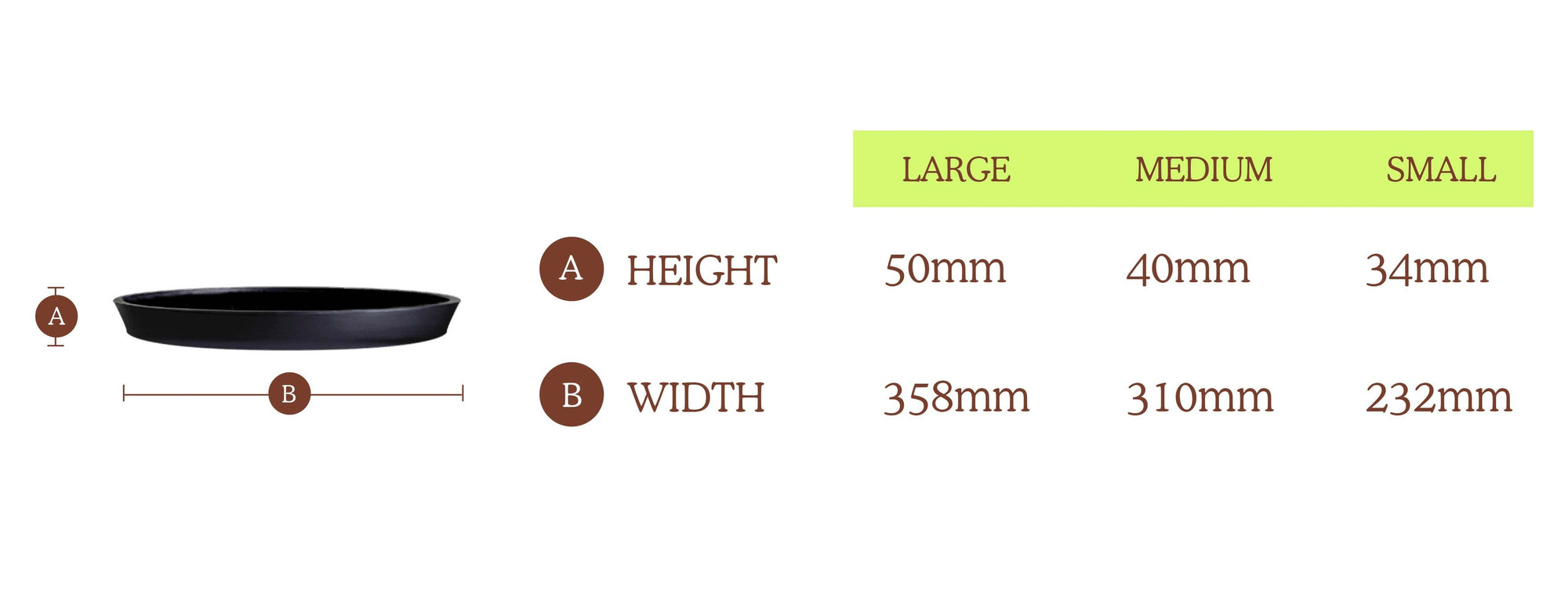 A large Tray is 50 millimeters in height and 358 millimeters in width. A medium Tray is 40 millimeters in height and 310 millimetres in width. A small Tray is 34 millimetres in height and 232 millimetres in width.