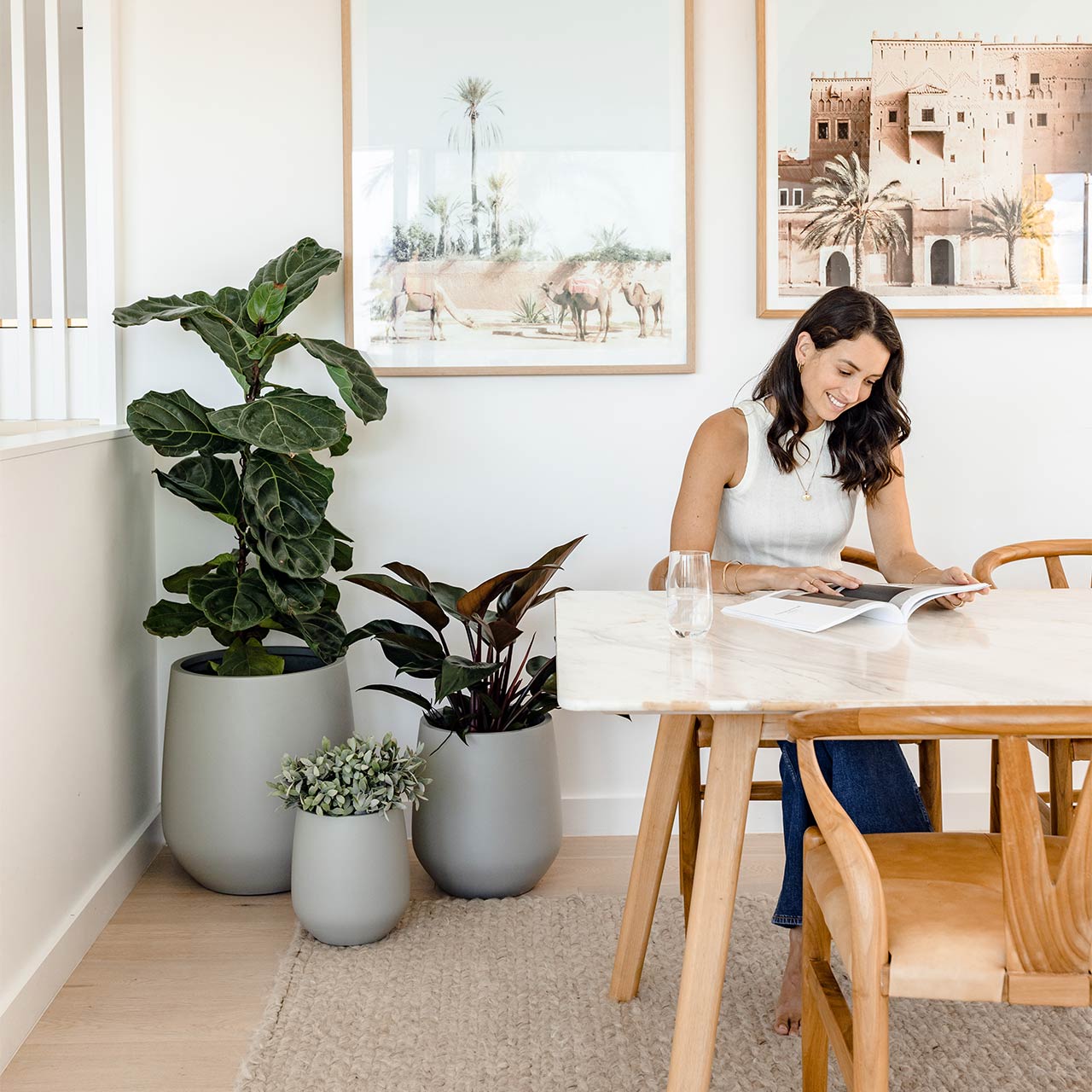 A smiling woman sits at a dining table of a Scandinavian-inspired home accentuated by three tapering grey pots with a Fiddle Leaf Fig, Silver Falls and a Philodendron plant.