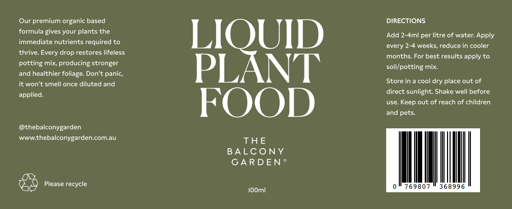 Branding name that says "Liquid Plant Food, The Balcony Garden" along with directions for use.